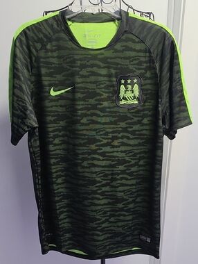 Nike Men's Dark Green Camo Football Jersey with Neon Green Accents